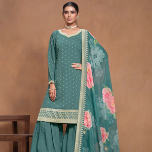 Ensemble Sharara semi-couture en soie romaine moderne brodé pour fêtes, mariages, Diwali et bals de promo - Product Image 1