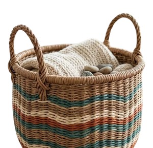 Cesta de ratán en tonos tierra con asas trenzadas, cesto de almacenamiento tejido a mano, organizador decorativo elegante para la decoración moderna del hogar. - Product Image 4