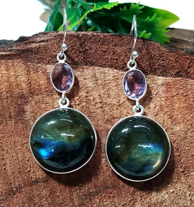 Labradorite Amethyst Drop <b>Earrings</b> Natural Gemstone Solid 925 Sterling <b>Silver</b> Handmade Dangle Bohemian Style Certified Wholesale - Product Image 6
