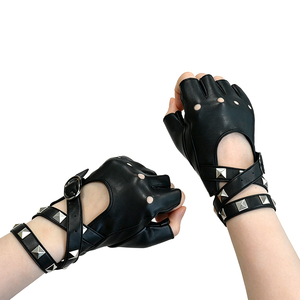 Sporty Style Black Leather Motorbike Fingerless Gloves Studs Wrist Length Touchscreen Eco-Friendly Unlined Four Seasons Outdoor - Product Image 3