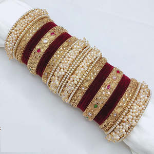 Traditional Bridal Velvet <b>Bangle</b> <b>Set</b> Kundan & Pearl Design Elegant Pearl Bracelets for Weddings - Product Image 1