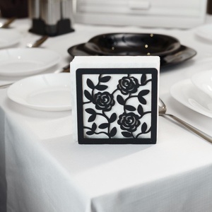 Floral Paper Napkin Holder Square Black Rose Design <b>Table</b> Decor - Product Image 1