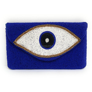 Blue Eye Beaded Boho Style Clutch <b>Bag</b> Handmade Durable Purse with Gold Chain Protection Charm Party or Wedding <b>Gift</b> - Product Image 1