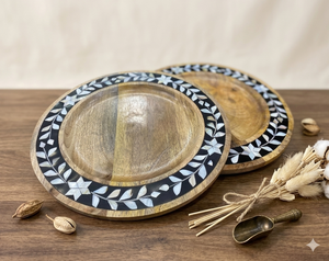 Wooden Charger Plate of Mother of Pearl River <b>Shell</b> Round Saucer Plate for Dessert Serving Bone Inlay <b>Chocolate</b> Serving Charger - Product Image 1