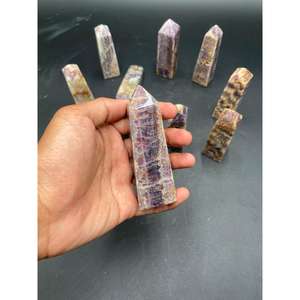 Tour de calcite violette polie de 9 cm, pointe de cristal naturel à bandes, décoration de la maison, décorations en cristal - Product Image 4