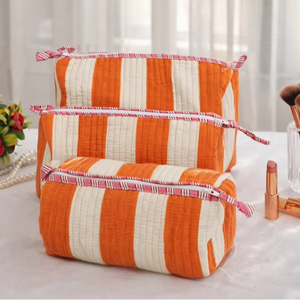 Sacs à maquillage en coton durable à rayures orange et motifs floraux imprimés, pochettes indiennes, trousse de toilette de voyage, organiseur de cosmétiques - Product Image 1
