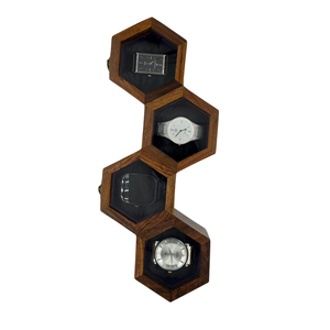 Boîte à montres en bois nid d'abeille de luxe pour 4 montres |   Boîte de rangement hexagonale en bois de rose indien |   Cadeau de rangement haut de gamme pour hommes - Product Image 4