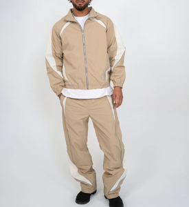 Men's Khaki Windbreaker Tracksuit Set Full Sleeve Sporty Style Turn-<b>down</b> Collar Elastic Waist Regular Fit Autumn Wear - Product Image 5