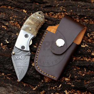 Handmade Damascus Steel Mini Folding Pocket Knife Custom EDC Utility Knife Horn Handle Industrial Grade <b>Drop</b> Point Blade 3-Year - Product Image 3