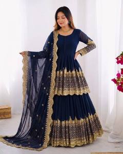 Costume Anarkali traditionnel bleu marine pour femmes avec dupatta brodé, coupe ample, longueur au sol, tenue de mariage, style Inde Pakistan - Product Image 1