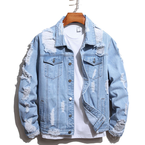 Light Wash Ripped Solid <b>Summer</b> 100% Cotton Denim <b>Jacket</b> <b>Men</b> Casual Turn-down Collar Button Front Streetwear - Product Image 1