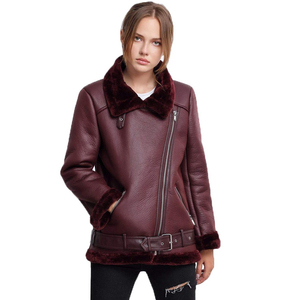 Women's Burgundy Leather Biker Jacket With Faux <b>Fur</b> Collar And Belted Waist Winter Moto Style Coat Full Sleeve Regular Fit - Product Image 1
