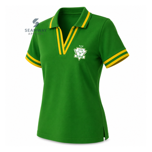 Chi Eta Phi Sorority Polo Shirt Women's Pique Green Yellow Stripe V-Neck Knit Short Sleeve Embroidered Crest Collared Tee - Product Image 2