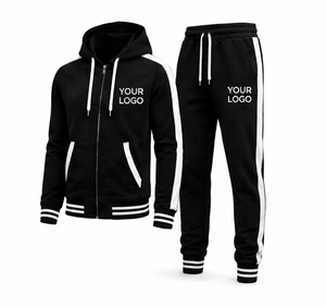 Conjunto Deportivo Unisex Negro con Rayas Blancas, Sudadera con Cremallera y Pantalones con Logotipo Personalizado, Ropa Casual de Otoño, Corte Regular de Longitud Completa - Product Image 1