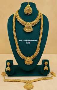 Traditional South <b>Indian</b> Temple Long Bridal Combo Necklace Set Alloy Gold Plated Zircon Earrings Vintage Wedding Engagement Gift - Product Image 1
