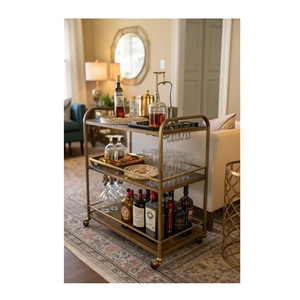 Chariot à boissons moderne du milieu du siècle à trois étagères, station de cocktails mobile de luxe pour salle à manger avec finition laiton mat - Product Image 3
