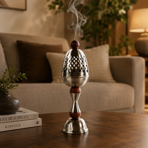 Quemador de Incienso de Metal Ornamentado con Cúpula de Rejilla, Detalles de Madera y Base Elegante, Complemento Perfecto para la Decoración de tu Hogar - Product Image 3