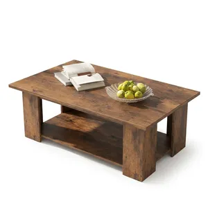 Vintage <b>Coffee</b> <b>Table</b> <b>Rustic</b> Brown Wood Finish Rectangular Two Tier Center <b>Table</b> With Lower Storage Shelf For Living Room - Product Image 6