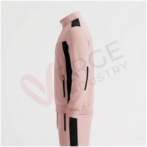 Unisex <b>Pink</b> Color Blocking <b>Tracksuit</b> Set Full Sleeve Stand Collar Zipper Front Sporty Regular Fit Autumn Wear - Product Image 3