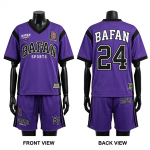 Ensemble short et maillot pour femme en maille poly 165 GSM de haute qualité, design à empiècements violet et noir, léger, avec logo personnalisé - Product Image 4