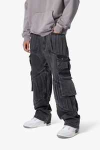 Jeans de Cintura Alta y Pierna Recta con Acabado Stone-Wash, Estampado de Cristales, Textura Grabada con Láser, Rasgados, Bolsillos Grandes, Estilo Cargo, Otoño-Verano - Product Image 6