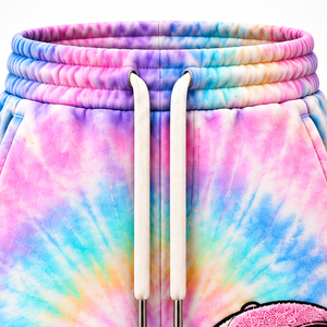 <b>Mens</b> Tie Dye <b>Fleece</b> <b>Shorts</b> Textured Terry Style Embroidery Applique Elastic Waist Drawstring Side Pockets Wholesale OEM Supplier - Product Image 4