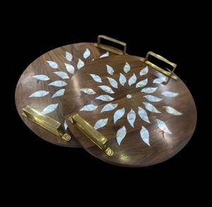 <b>Large</b> round wooden Arabic <b>tray</b> with detailed mother of pearl hand carving luxury Islamic home decoration - Product Image 2