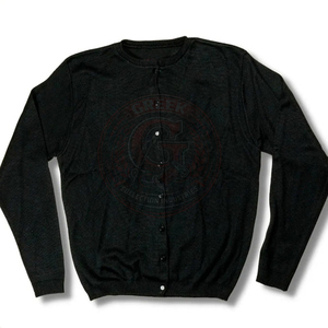 Cárdigan Negro de Punto con Cuello Redondo, Manga Larga, Bordado con Letras Griegas, Botones al Frente, Suéter para Mujer, Color Sólido, para Todas las Temporadas - Product Image 1