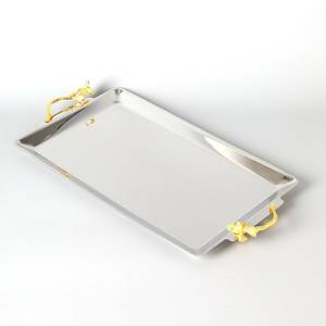 Bandeja de Servir Rectangular de Acero Inoxidable de Lujo con Asas Decorativas de Flores Doradas, Bandeja para Comida, Té y Café, Venta al Por Mayor - Product Image 1