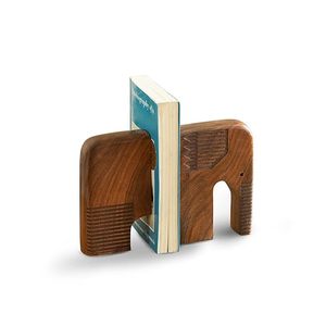 <b>Elephant</b> Shape Wooden Bookends Polished Walnut Style <b>Decorative</b> Book Holders for Home Office Library - Product Image 1