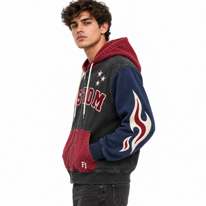 Custom Distressed Washed Color Block <b>Thick</b> Cotton Hoodies <b>Men</b> Screen Printed Oversized Zip up <b>Hoodie</b> - Product Image 3