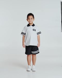 Jake COLLECTION ชุดออกกำลังกายผ้าฝ้าย100% เด็กผู้ชายสีขาวสีน้ำเงินเข้มเสื้อยืดปักลายสำหรับเด็กเสื้อผ้าเด็กแบบสั้นมีในสต็อก - Product Image 4