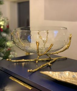 Bol de centre de table en verre de luxe avec support en forme de branche dorée, élégante assiette texturée pour salade et fruits, décoration moderne pour salon - Product Image 1