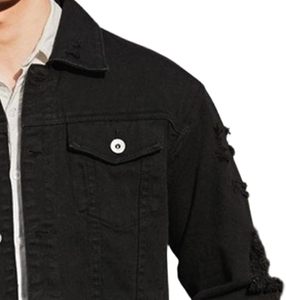 Chaqueta de Mezclilla Negra para Hombre, Estilo Casual, Cierre de Botones, Color Sólido, Desgastada, Corte Regular, Otoño Invierno, Lavable, 100% Algodón - Product Image 2