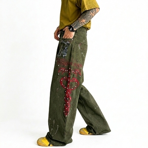 Jean en denim pour homme style américain, orné de strass, imprimé tie-dye, coupe ample et droite, tendance streetwear - Product Image 1