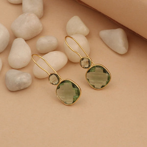 Gold Plated Drop <b>Earrings</b> With <b>Green</b> Amethyst Bezel Setting Geometric Fashion Dangle Jewelry For Women - Product Image 4