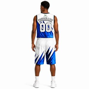 Ensemble de maillots de basket-ball sublimés personnalisés pour hommes, bleu et blanc, imprimé dynamique, uniforme en mesh, tenue d'équipe avec shorts, fabrication OEM - Product Image 4
