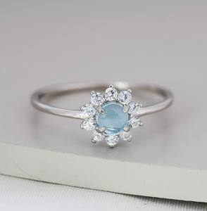 Bague Halo en Argent Sterling avec Aigue-marine Bleue Véritable, Pierre Précieuse Naturelle, Motif Fleur, Mariage, Luxe, Sertissage à Griffes, Certifiée Mars - Product Image 4