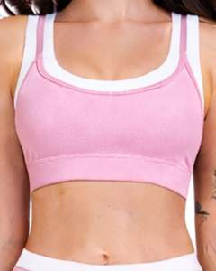 Women Light Pink White Contrast Sports Bra And Flare Pants Set High Waist <b>Stretch</b> Yoga Fitness Gym Wear Custom OEM Wholesale - Product Image 3