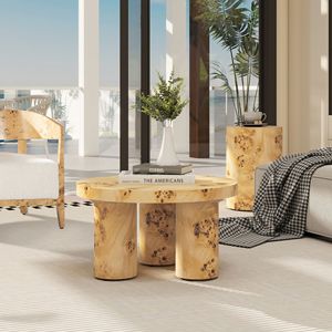 Nebula 28\" Round <b>Coffee</b> <b>Table</b> with Pillar <b>Legs</b> Warm Natural Brown Burl Wood Stylish Home Furniture - Product Image 1