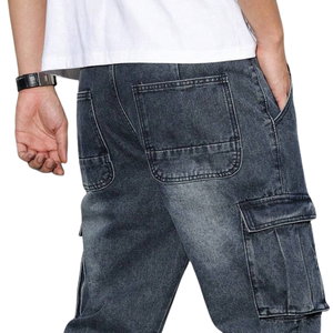 Pantalones Cargo de Mezclilla Gris Oscuro para Hombre, Corte Relajado, Pierna Recta, Múltiples Bolsillos, Estilo Casual, Lavado, Jeans Utilitarios para Uso Diario, Talla XL - Product Image 4