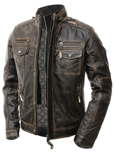 Cow Skin Leather Winter Motorcycle <b>Jacket</b> Biker Race Stand Collar <b>Slim</b> <b>Fit</b> Solid Color Zipper Windproof Breathable Eco-Friendly - Product Image 3