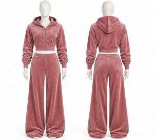 Ensemble de survêtement pour femme en velours rouge, avec haut court zippé à capuche et pantalon large, deux pièces, 100% coton anti-boulochage, hiver - Product Image 5