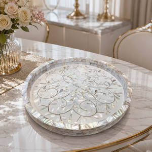 Bandeja Redonda para Servir con Incrustaciones de Madreperla |   Bandeja de Madera de Lujo Hecha a Mano |   Bandeja de Cocina Premium para Regalo de Decoración del Hogar en Ramadán y Eid Árabe - Product Image 4