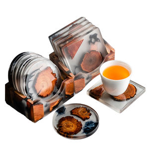 Hot Sale <b>Square</b> Round Design Tea Coffee Cup Wood Resin Coaster With Holder <b>Set</b> - Product Image 2