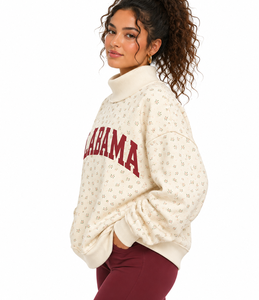 Sweat-shirt à col montant pour femme, écologique, avec logo brodé personnalisé, impression sérigraphiée sur toute la surface, motif gingham, lettres, en molleton de coton - Product Image 1