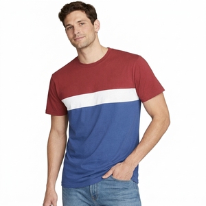 Men's Regular Fit O-Neck Short Sleeve Color Blocked T-Shirt With Contrast <b>Trim</b> Striped Design Casual Wear Cotton Knitted <b>Fabric</b> - Product Image 1