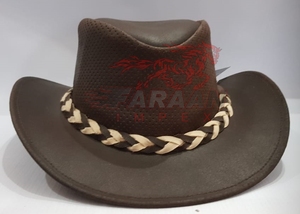 Chapeau de cowboy en cuir marron respirant et perforé, avec bande tressée bicolore, style western, pour l'été, l'équitation et le ranch - Product Image 6