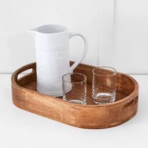 Plateau de service ovale en bois de qualité supérieure avec poignées découpées, plateau de petit-déjeuner en bois massif, organisateur de table basse rustique, plateau polyvalent - Product Image 2