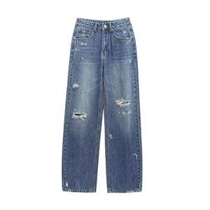 Jeans décontractés pour femmes grandes tailles, coupe droite, taille mi-haute, 100% coton, séchage rapide, utilisation en extérieur, denim - Product Image 1